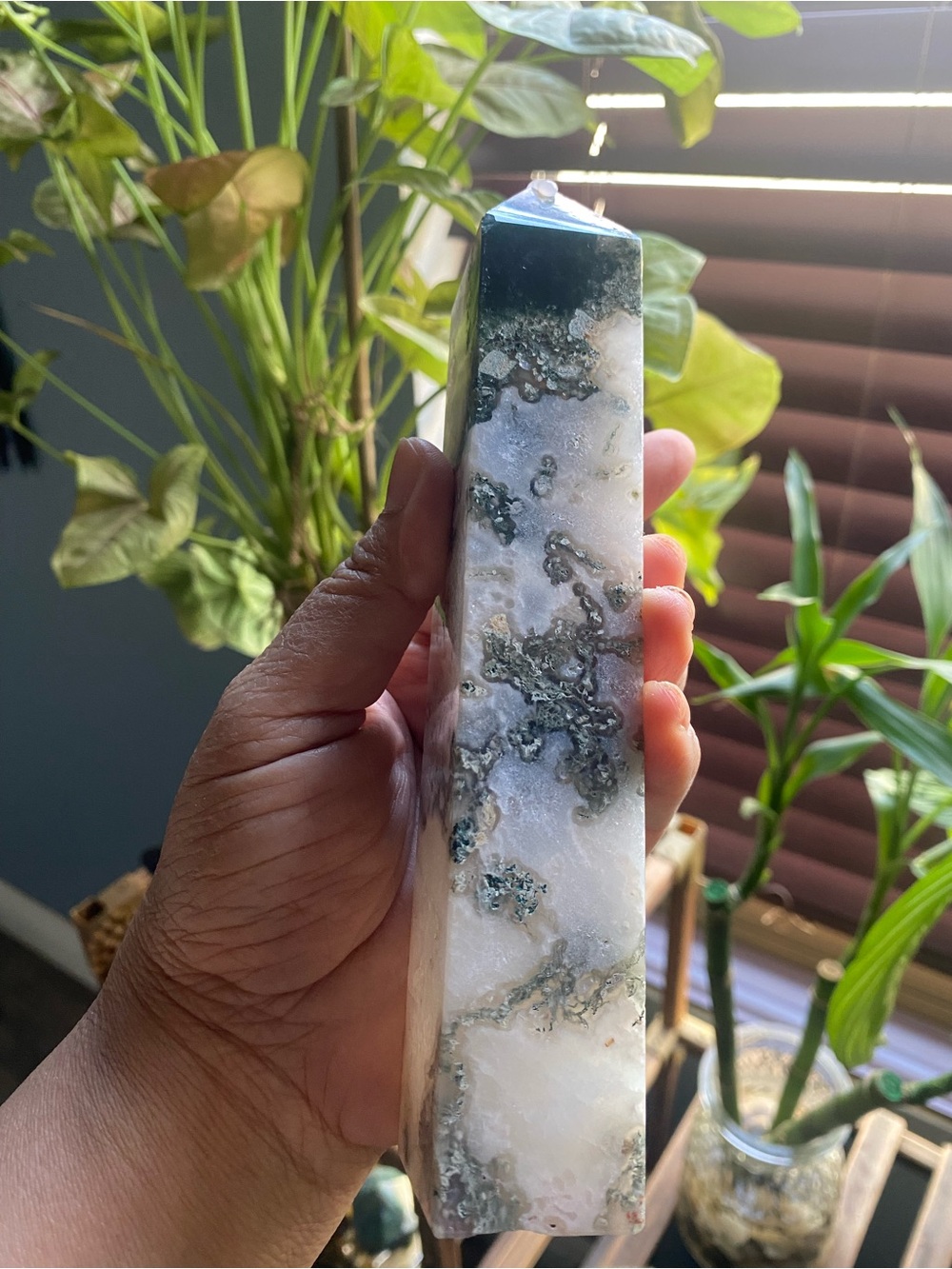 Moss Agate Tower Obelisk - Green and White Decorative Accent